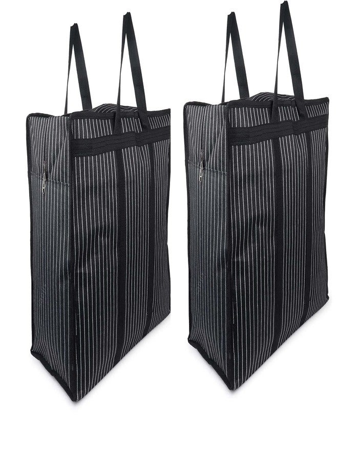 TJOM Multipurpose Large Big Heavy Duty Toy Clothes Files Picnic Shopping Storage Organizer Grocery Vegetable Canvas Bag with Strong Handles and Strong Base with Storage Covers Zip (Black -Pack of 2) - Image 1